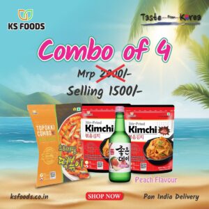Combo of 4 | Peach Soju Drink + Kimchi mild + Kimchi 2x Spicy + Original Topokki | | Pan India Delivery | Newly Launched | Each Items 1 pcs only