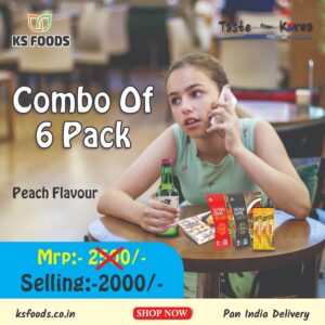 Combo of 6 | Peach Soju Drink + Chicken Fried Rice + Kimchi Topokki + Jjajang Topokki + 2 chicken hot bar | Pan India Delivery | Newly Launched | Each Items 1 pcs only