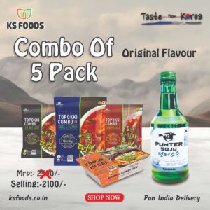 Combo of 5 | Original flavour Soju Drink + Toni topokki + Jjajang Topokki + Eoomuk Topokki + kimchi Jji gae | | Pan India Delivery | Newly Launched | Each Items 1 pcs only