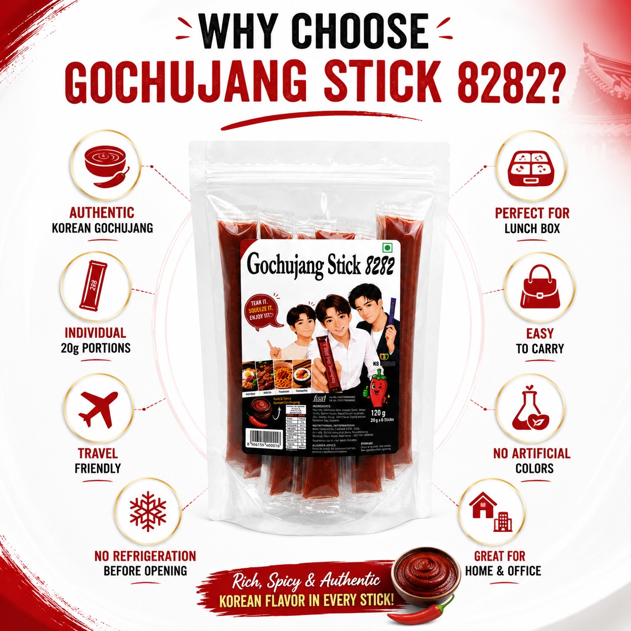 Gochujang 8282 | Authentic Korean Red Chili Paste | 6 Sticks x 20g (120g) - Image 4