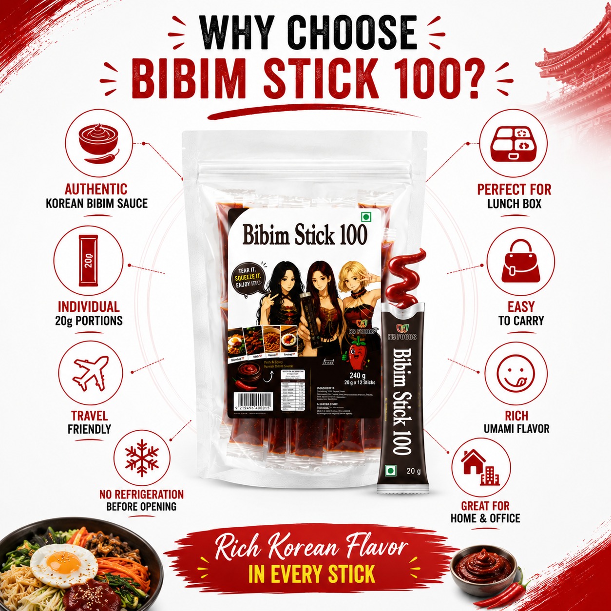 Bibimbap Sauce Sachets | ( Pack of 50) | Authentic Korean Gochujang, 12 Sticks x 20g (240g) - Image 5